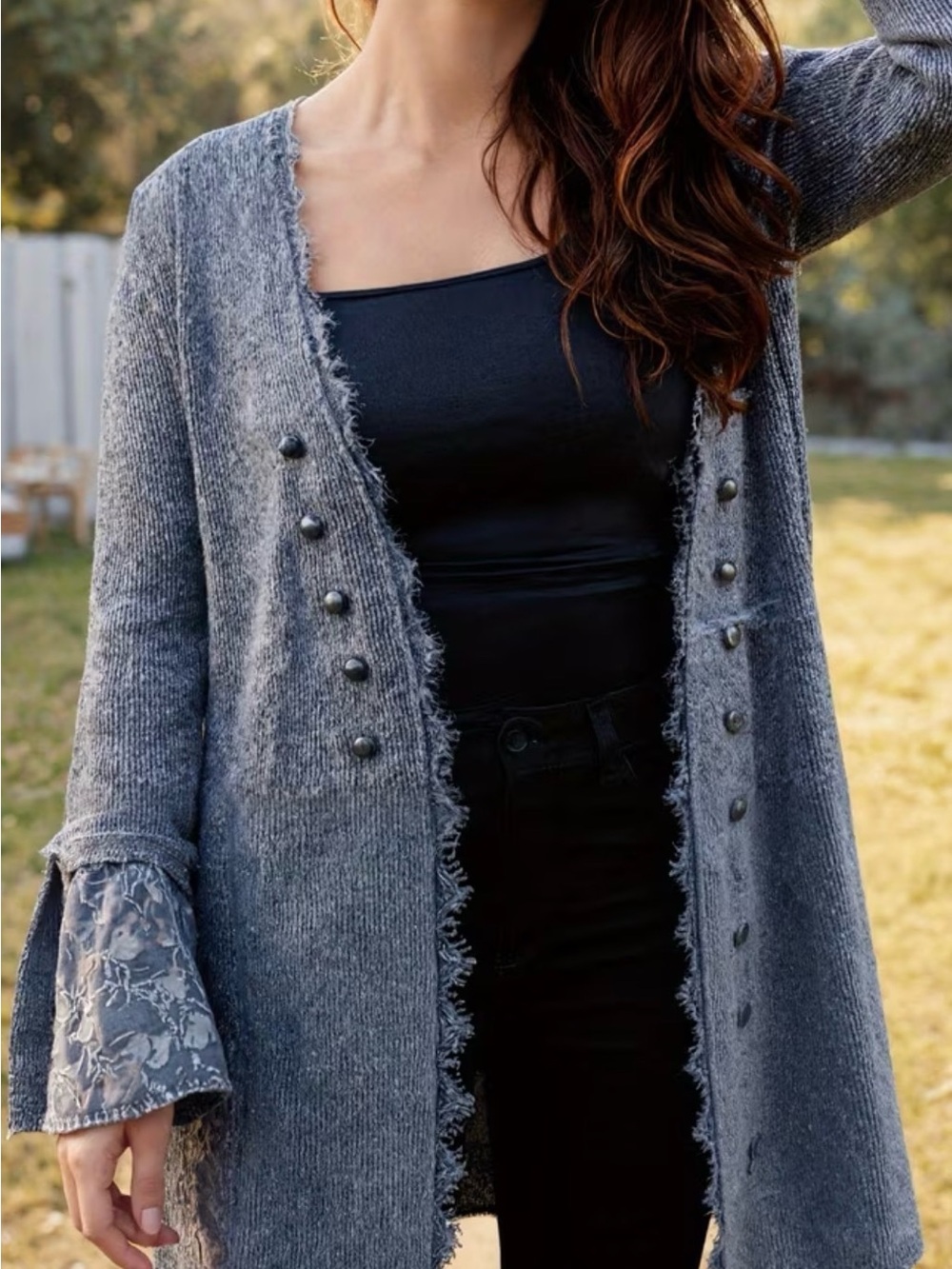 Women’s Gray Frayed-Edge Button Cardigan with Lace Bell Sleeves